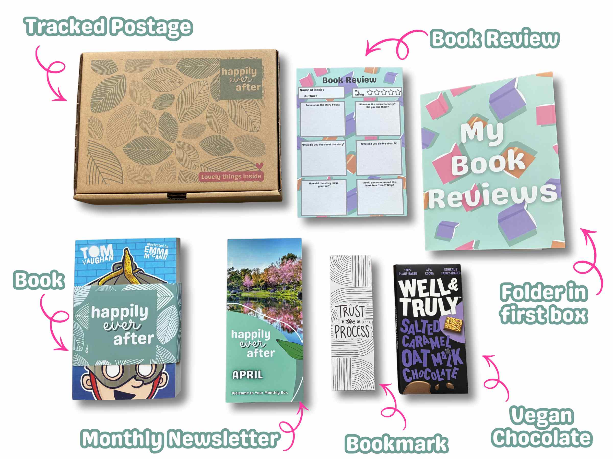 Flat lay showing everything inside the children's book subscription box