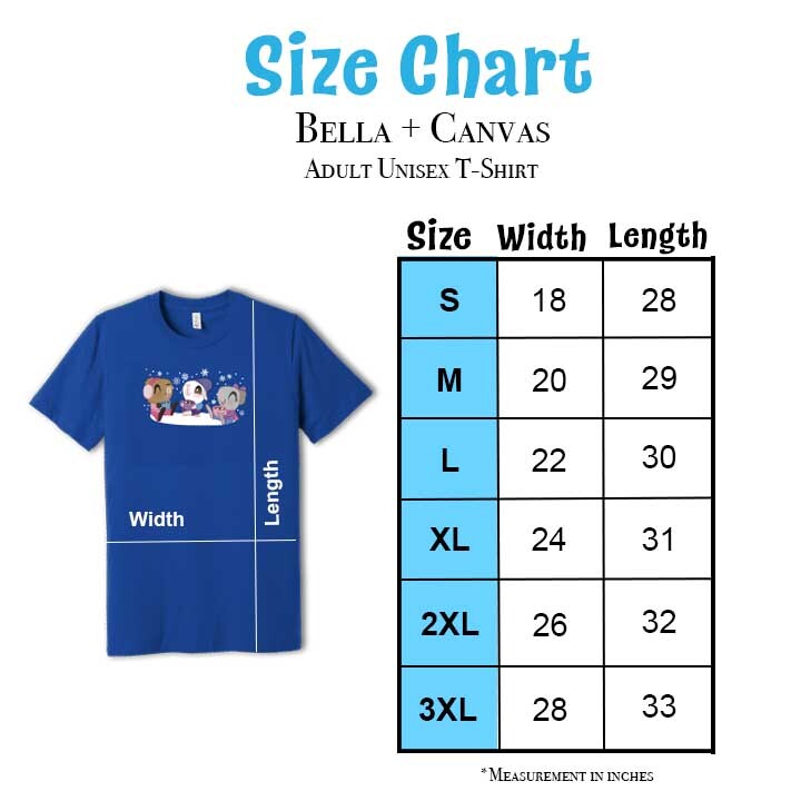 Bella + Canvas Unisex Jersey T-Shirt Size Chart showing measurements for sizes S through 3XL