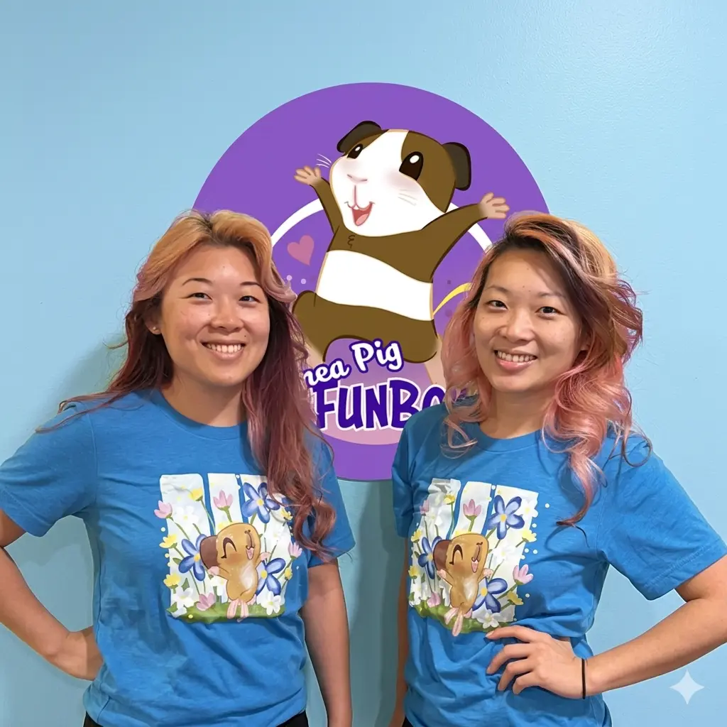 Twin sisters wearing Guinea Pig FunBox T-shirts