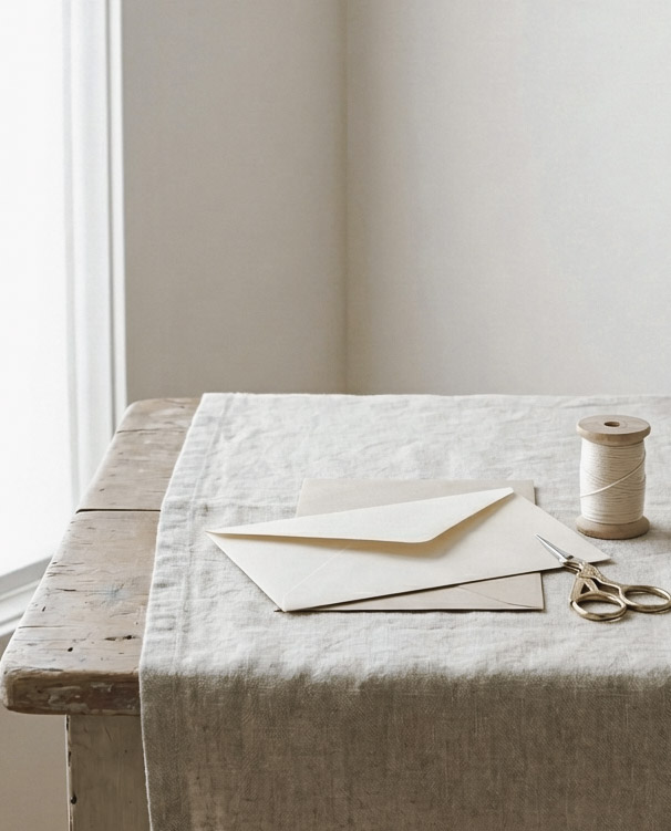 A flat envelope with needlework supplies on a neutral table