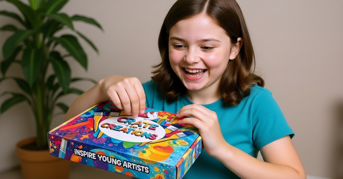 A child smiling as they lift the lid off their Crate of Creations