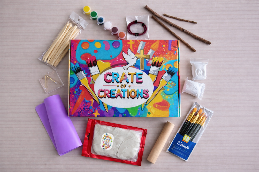 Artist-grade paints, brushes, and supplies included in each Crate of Creations box