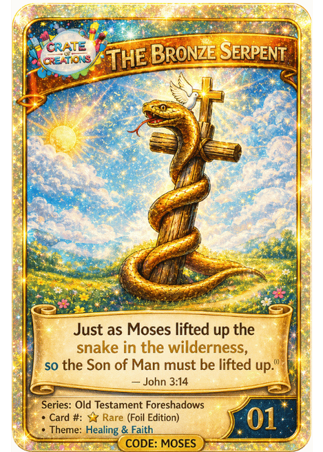 A collectible trading card with a Bible story reflection and discount code