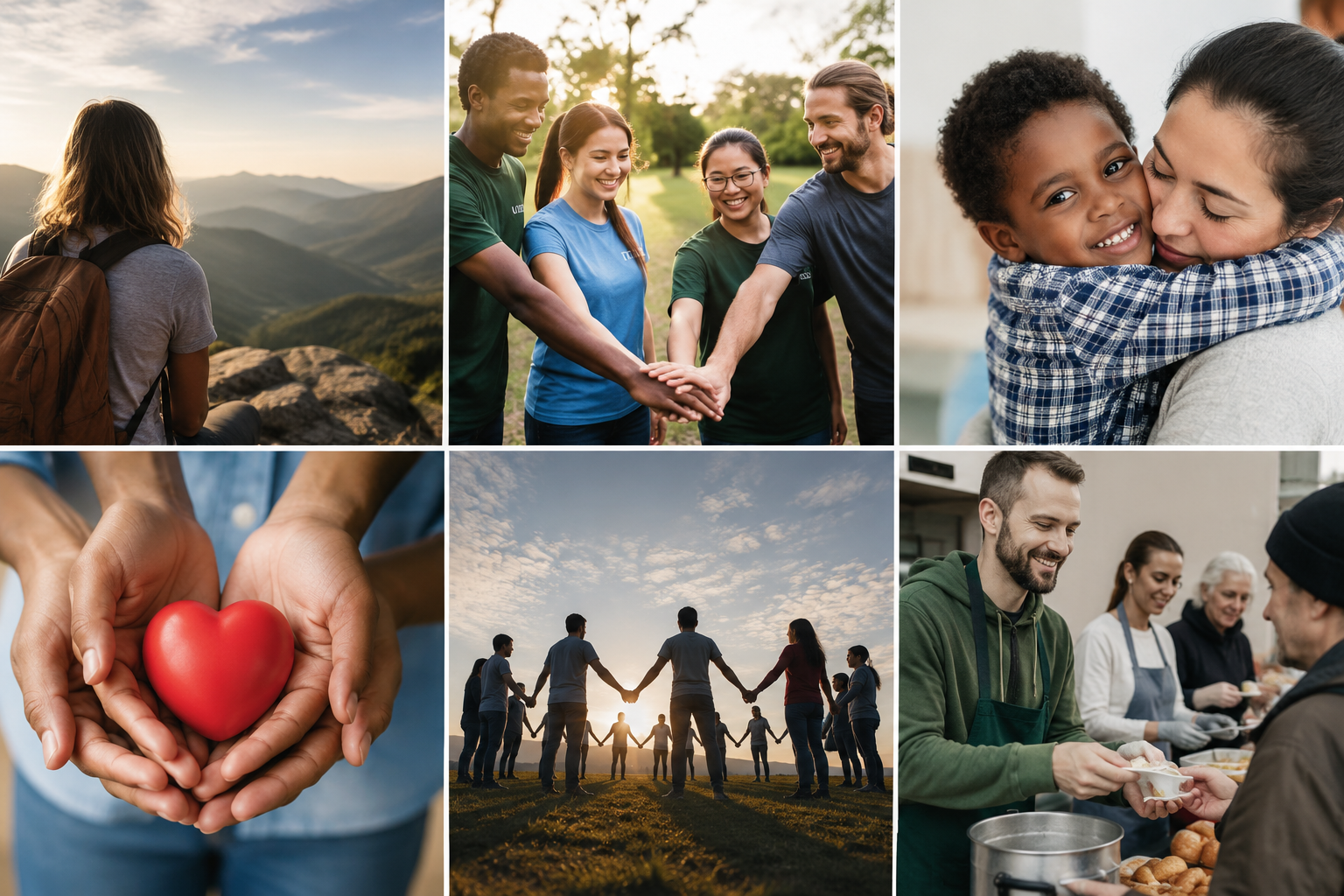 Collage of youth service, community care, and mission moments