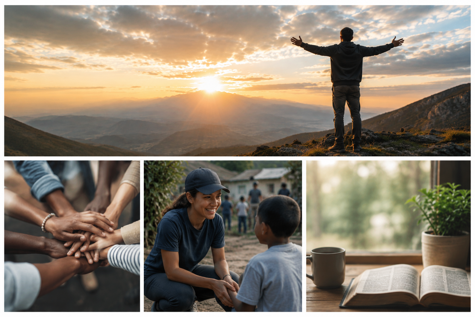 Collage of Christian outreach, fellowship, and worship moments