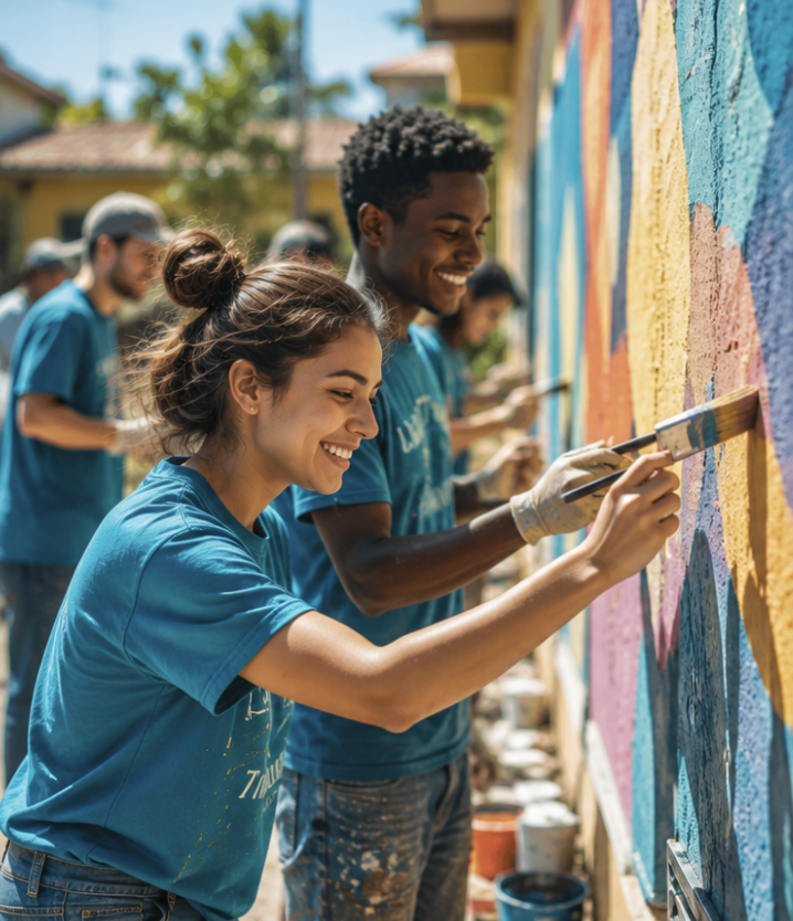 Young people painting a colorful community mural together