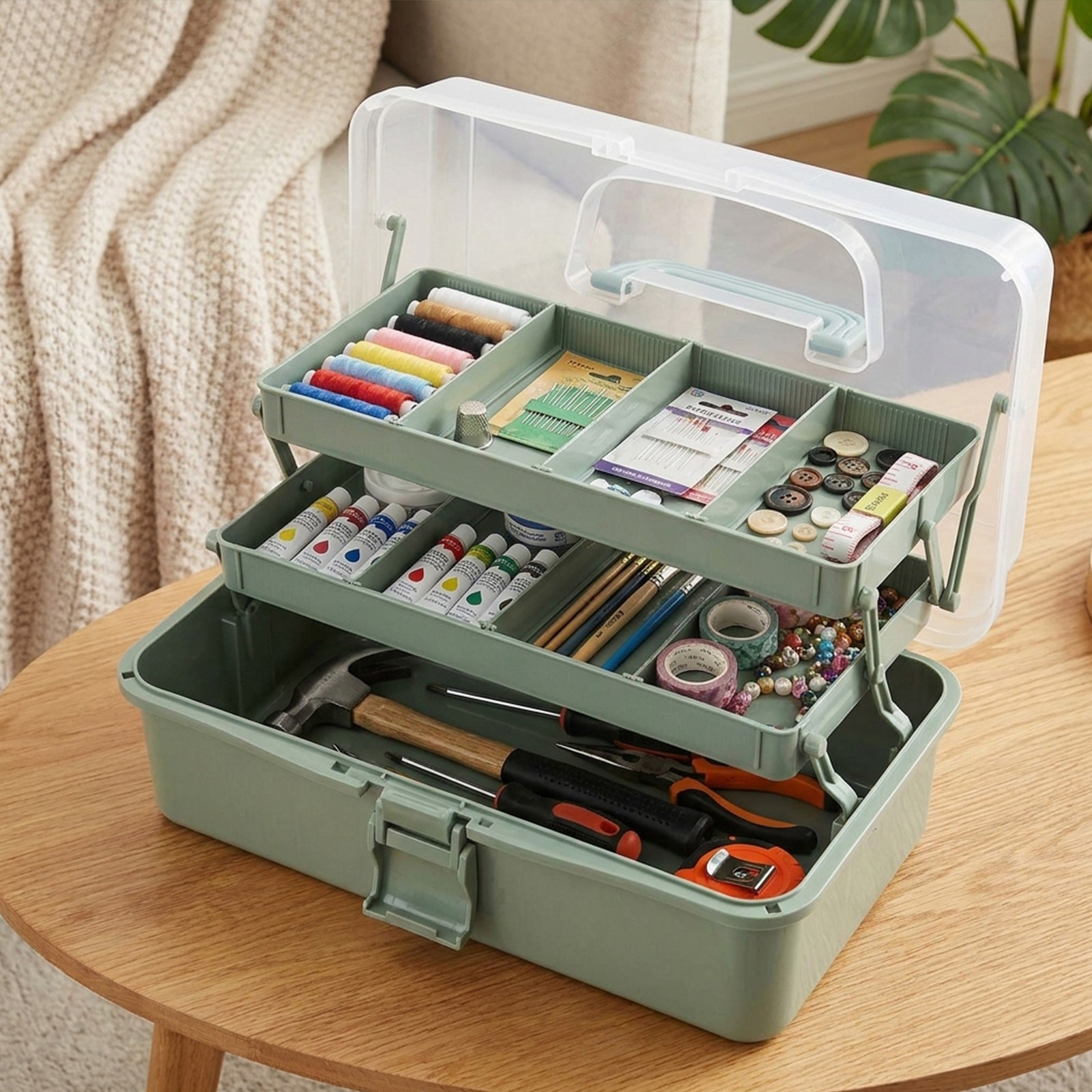 Three-layer craft storage box filled with craft supplies