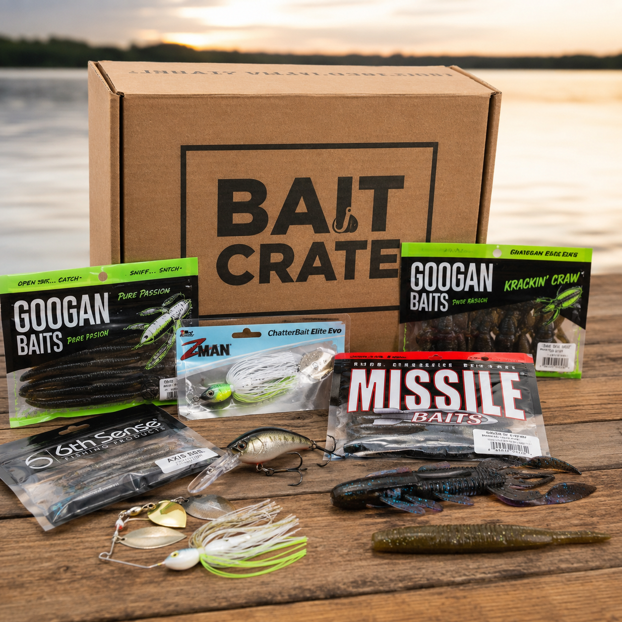 Curated fishing tackle including lures, hooks, and gear