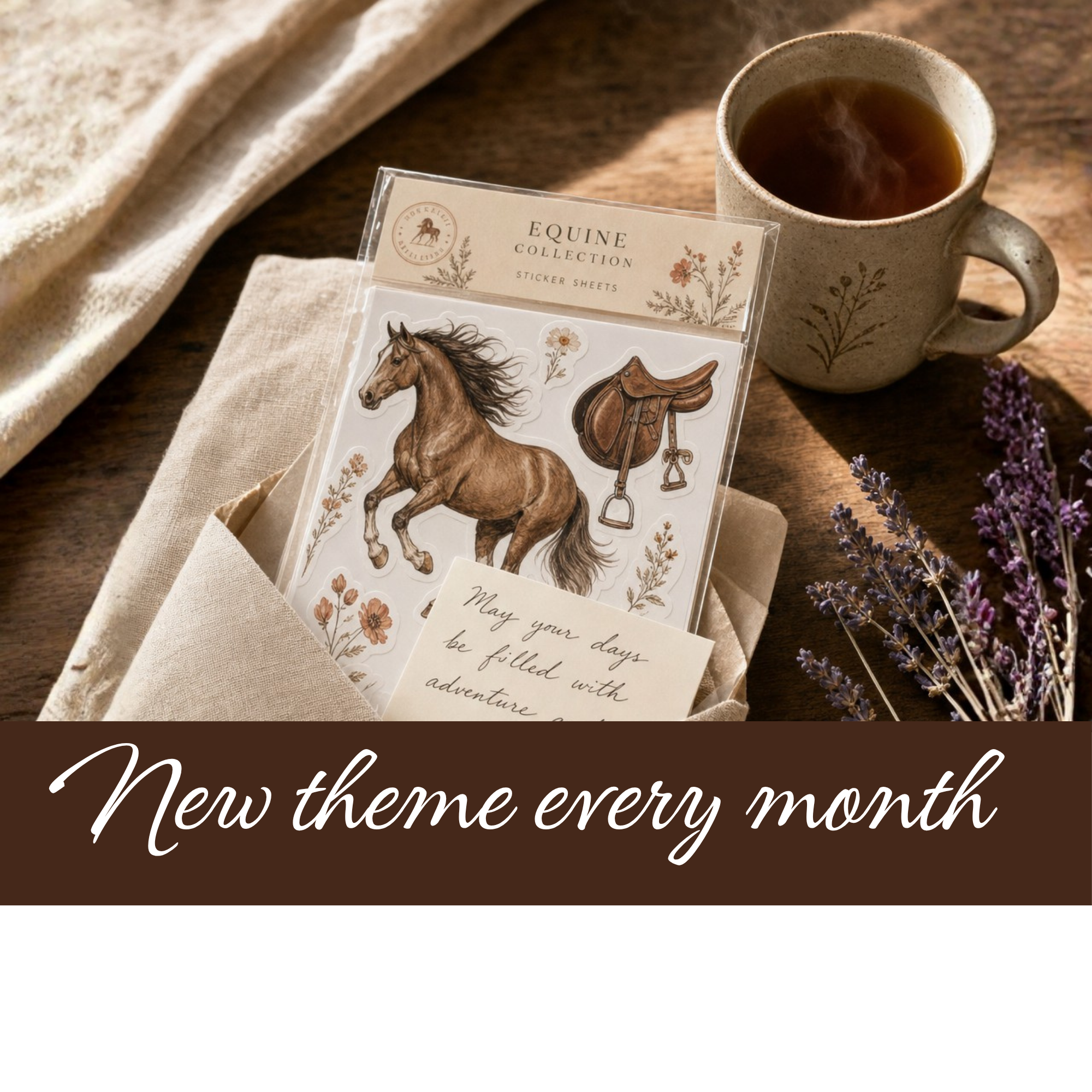 An opened pack of horse-themed sticker sheets on a wooden table