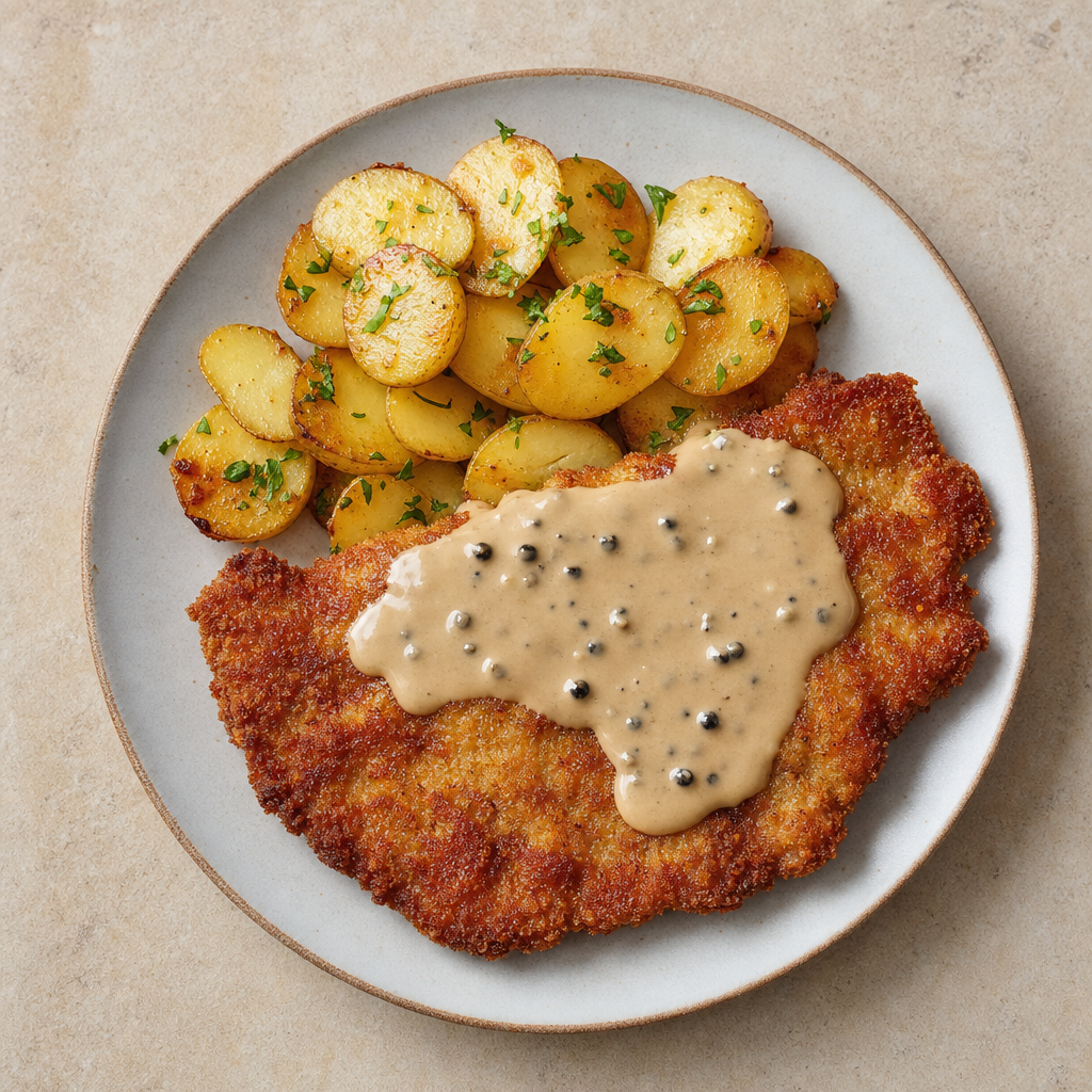 Fläskschnitzel med stekt potatis och pepparsås (L)(FI)