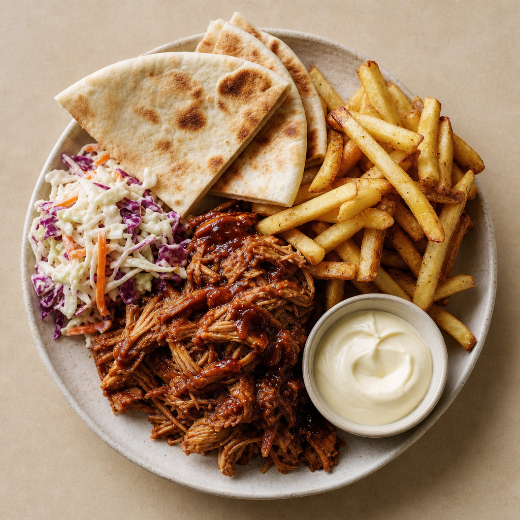 BBQ pulled pork med coleslaw, aioli, pitabröd och pommes crisper (M)