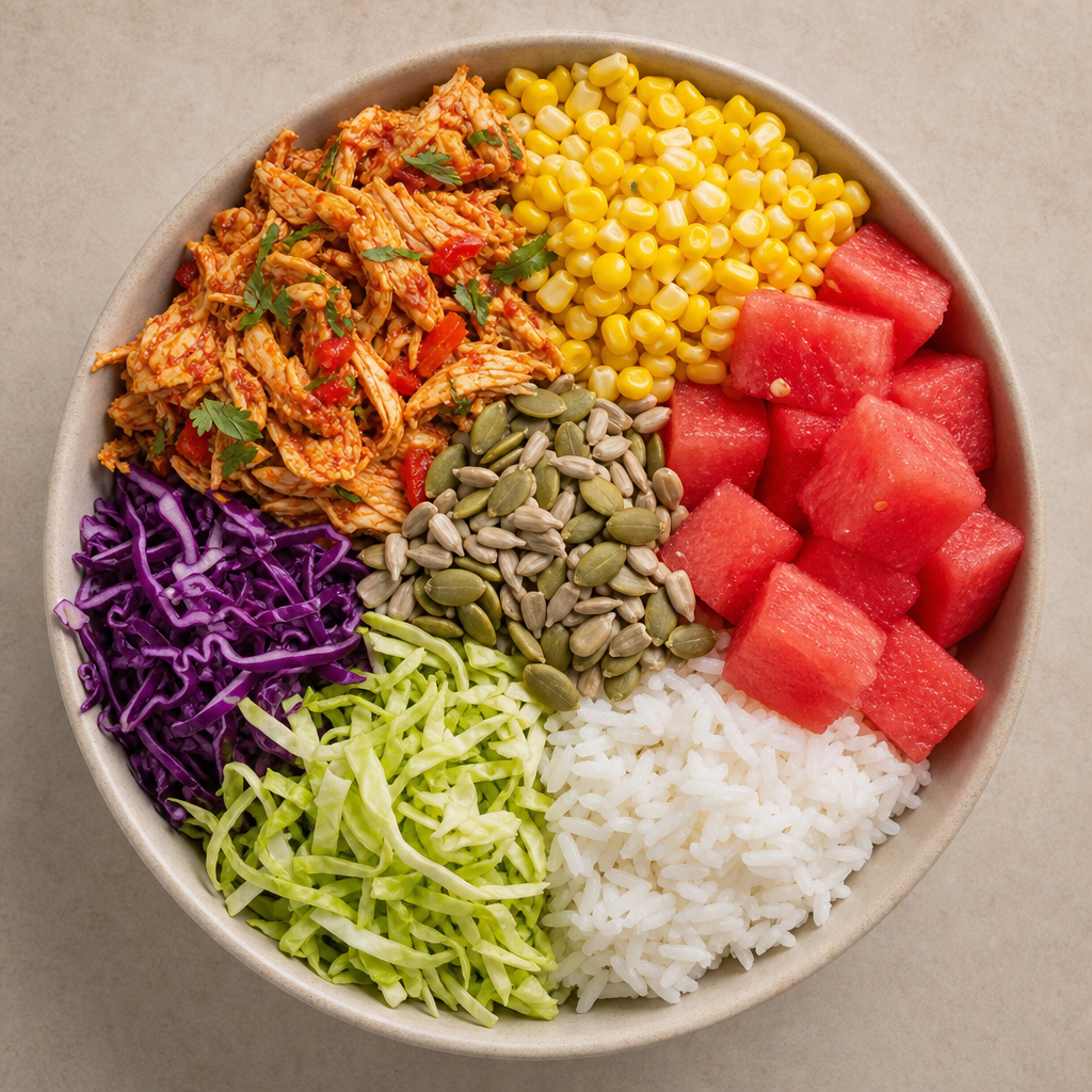 Spicy kycklingbowl med spicy kycklingröra, majs, kålduo, vattenmelon, rostade pumpafrön, solrosfrön och jasminris