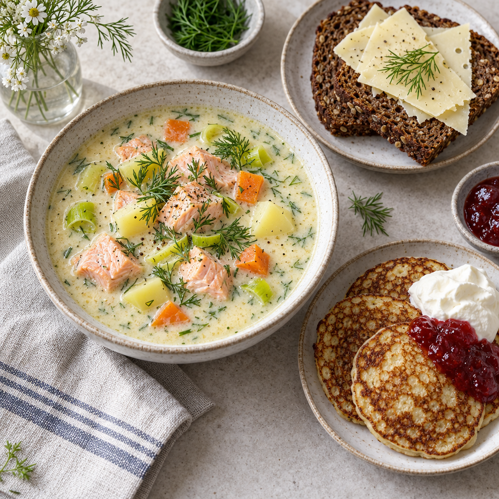 Krämig laxsoppa med Reissumies, ost,plättar, jordgubbssylt och vispgrädde (L)