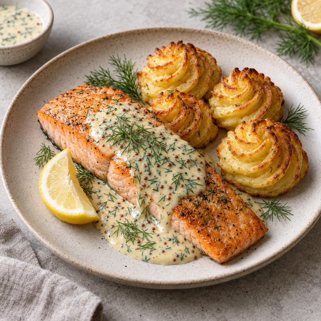 Ugnsstekt lax med krämig dill- och senapssås och duchessepotatis (g,l)