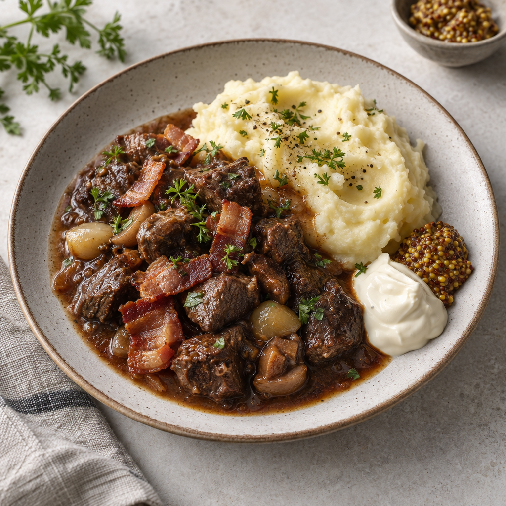 Kött- och bacongryta med potatismos och senaps relish och crème fraiche (G,l)(FI)