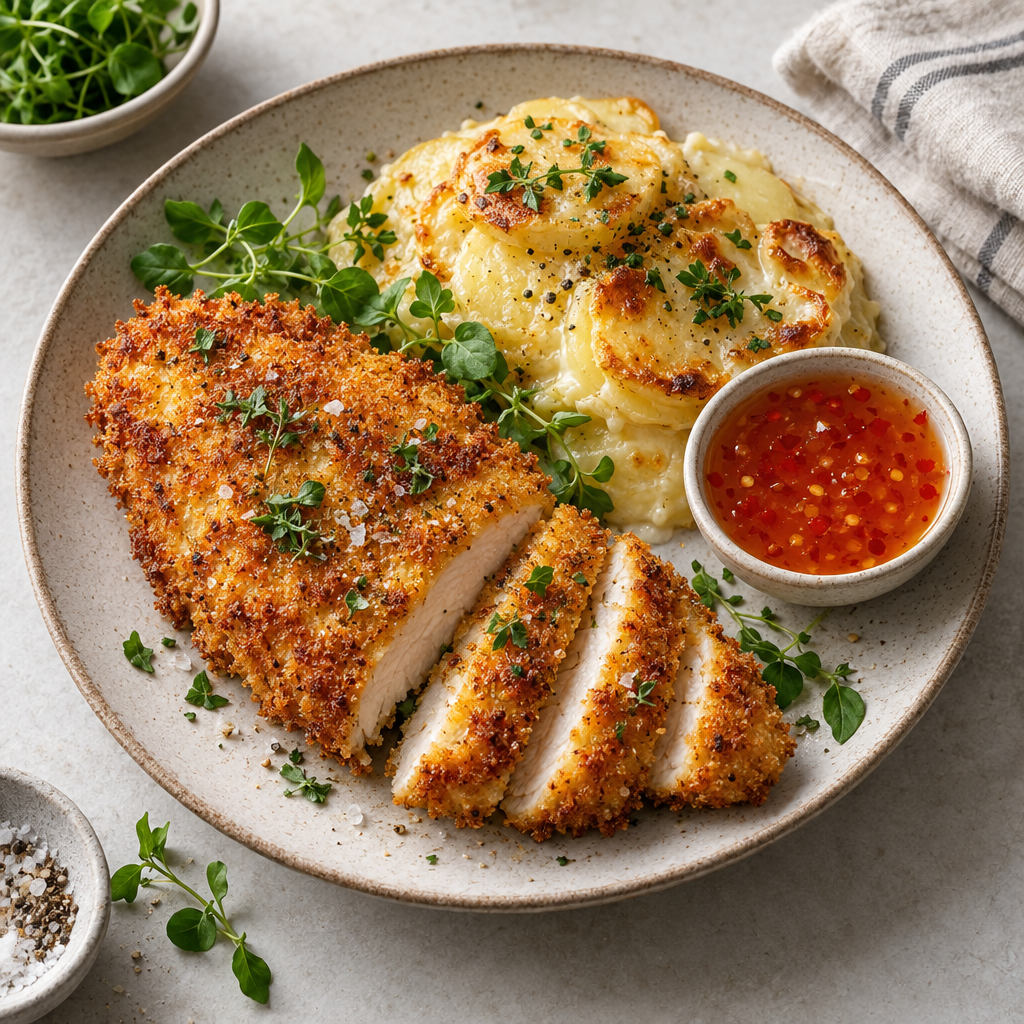 Panerad kycklingfilé med gratäng och sweet chili-dipp (L)(dk)