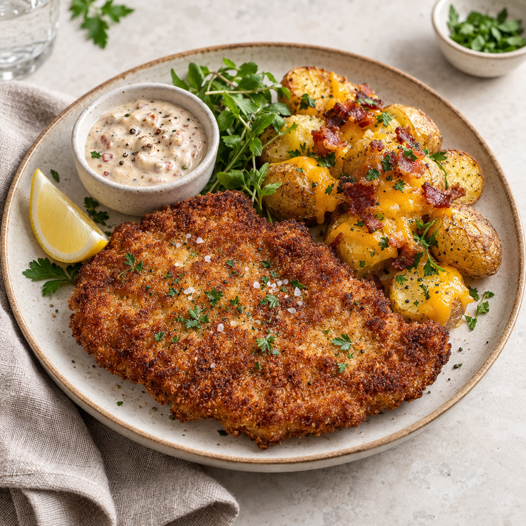 Fläskschnitzel med baconaioli och cheddarpotatis (L)(FI)