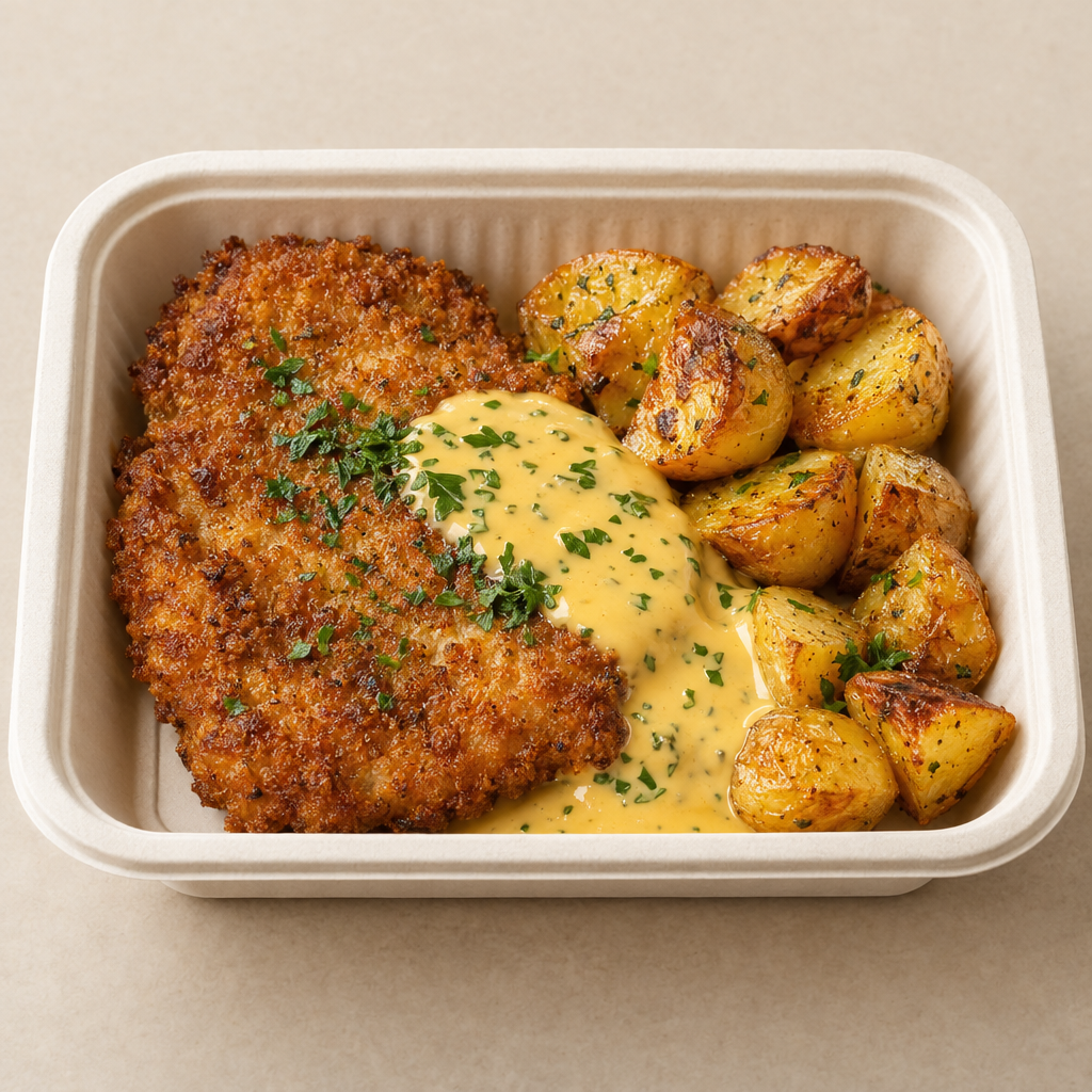 Fläskschnitzel med krämig cheddarsås och rostad potatis (L)(FI)