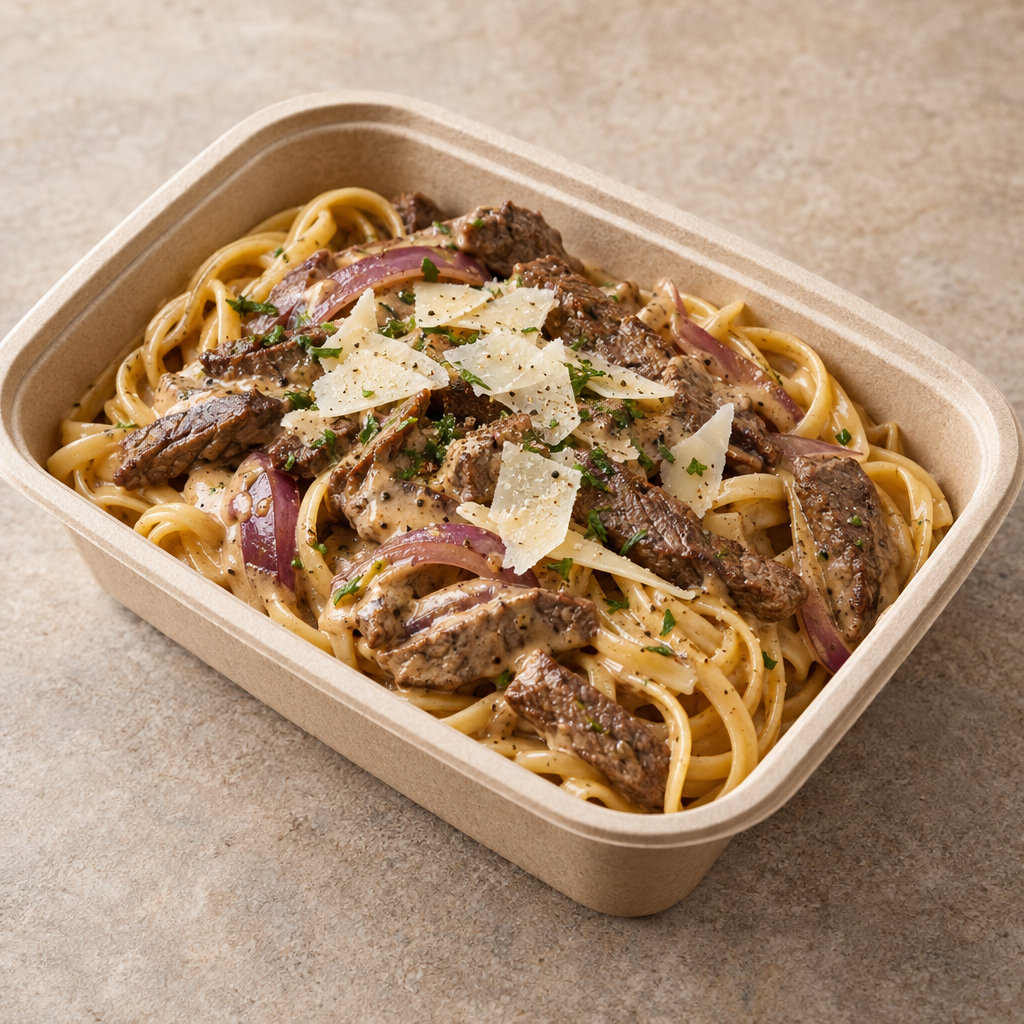 Krämig biffpasta med rödlök, pepparsås, linguinepasta och parmesan (L)(FI)