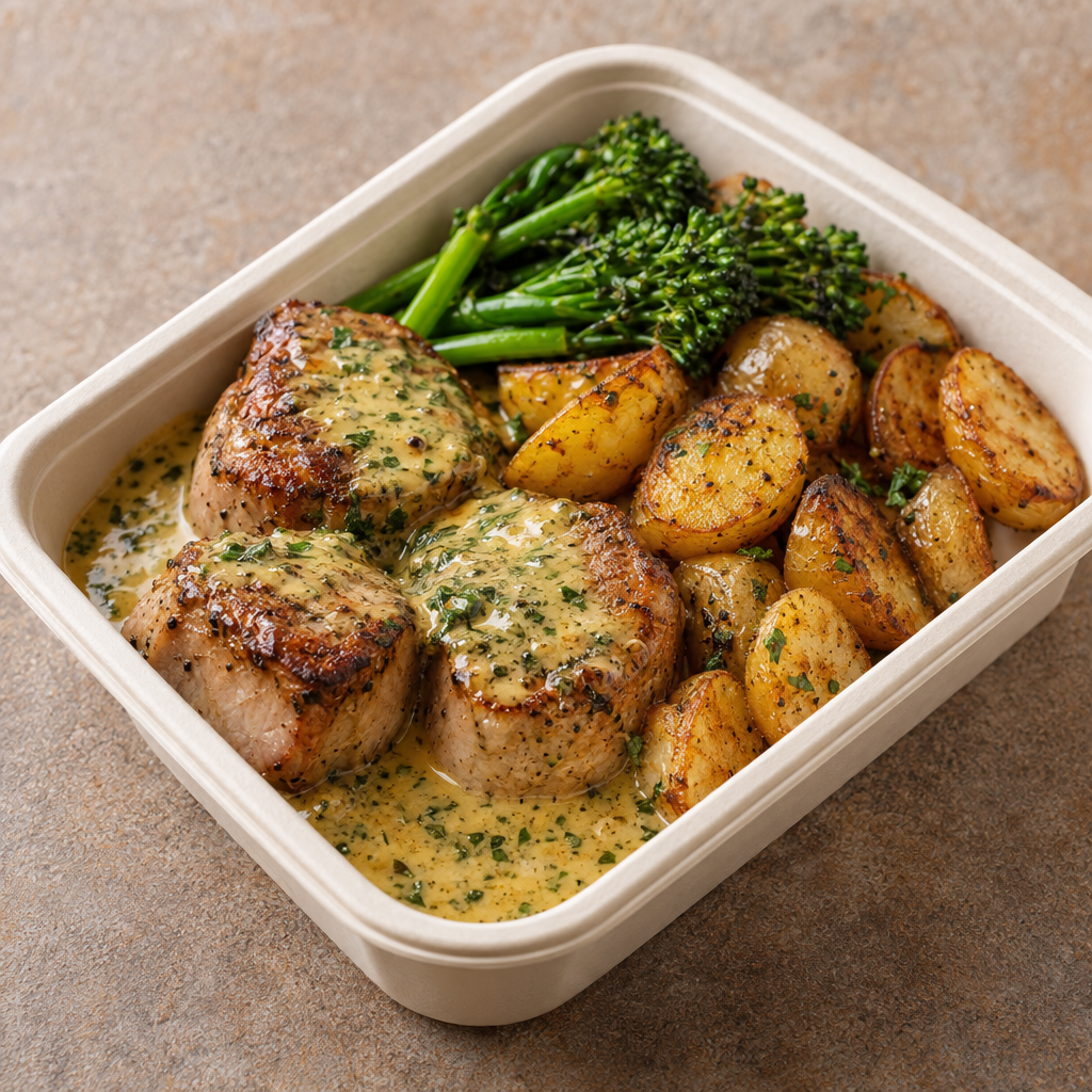 Fläsknoisetter med råstekt potatis och Café de Paris-sås (G,L)(FI)