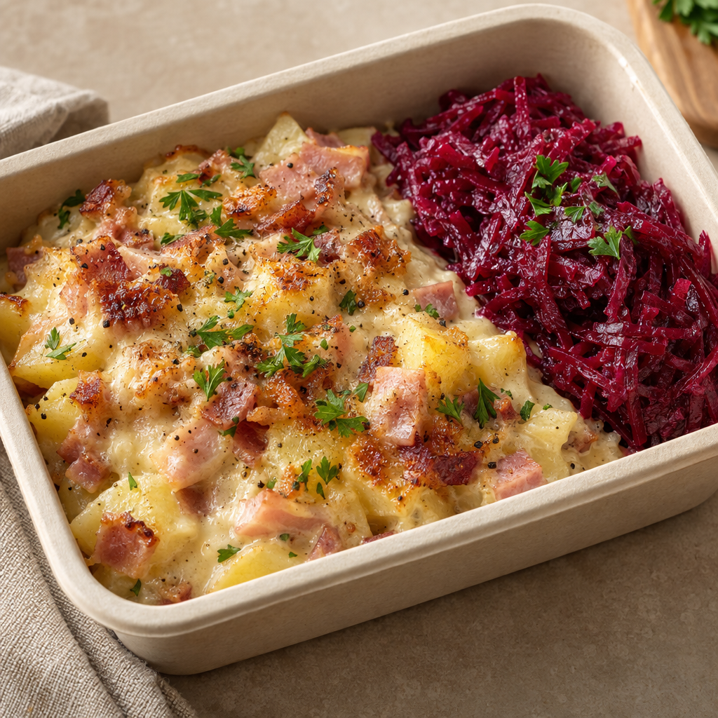 Bacon- och skinkfrestelse med dijonnaisekräm och rödbetssallad (G,L)(FI)