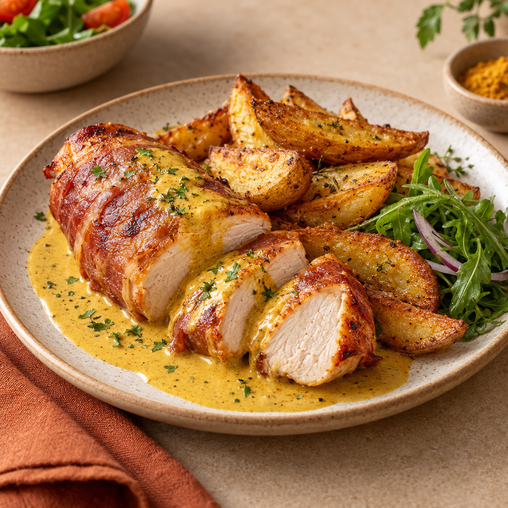 Parmaskinkalindad kycklingfilé med currysås och klyftpotatis (g,l)(dk)