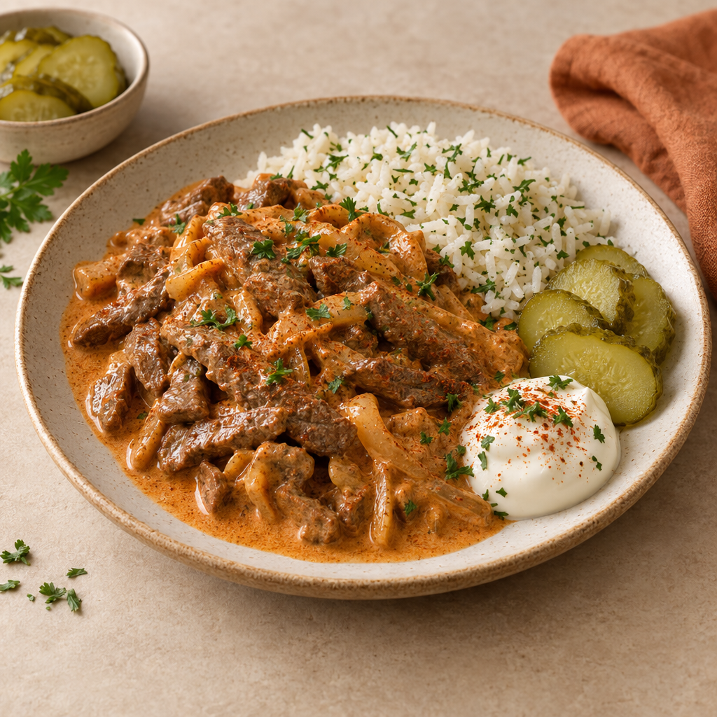 Mustig köttstroganoff med ört ris, saltgurka och crème fraiche (g,l)(fi)