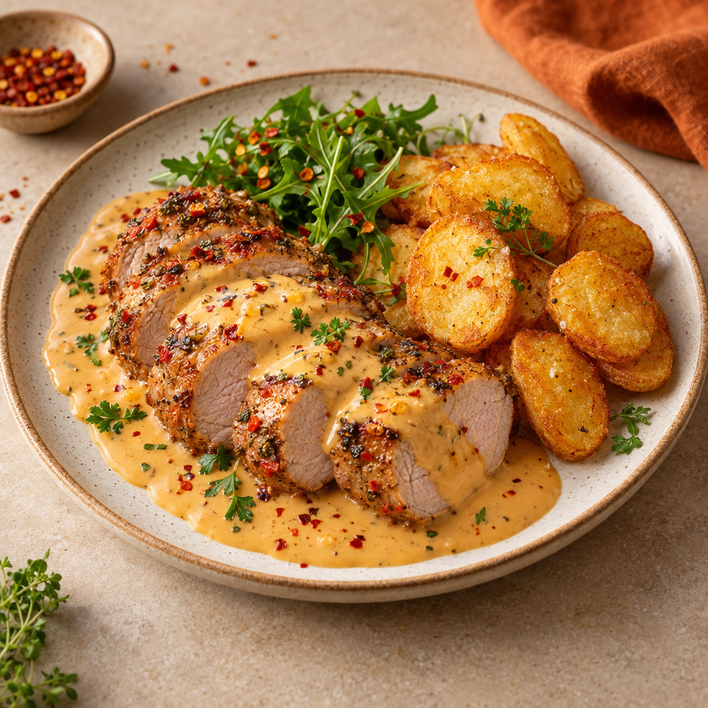 Chili- och örtmarinerad fläskinnerfilé med krämig cheddarsås och pommes crispers (g,l)(fi)