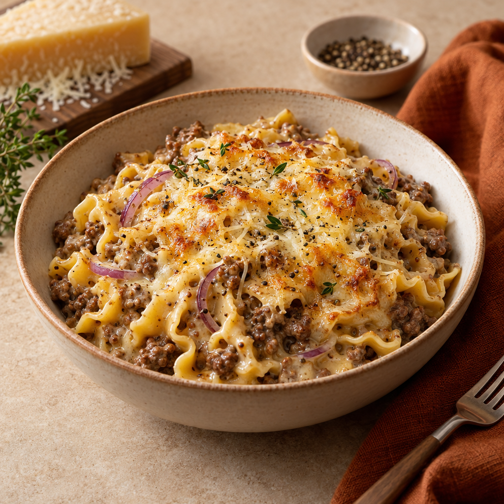 Krämig mustapekka lasagnette med nötkött, grädde, rödlök och riven Västerbottensost (FI)
