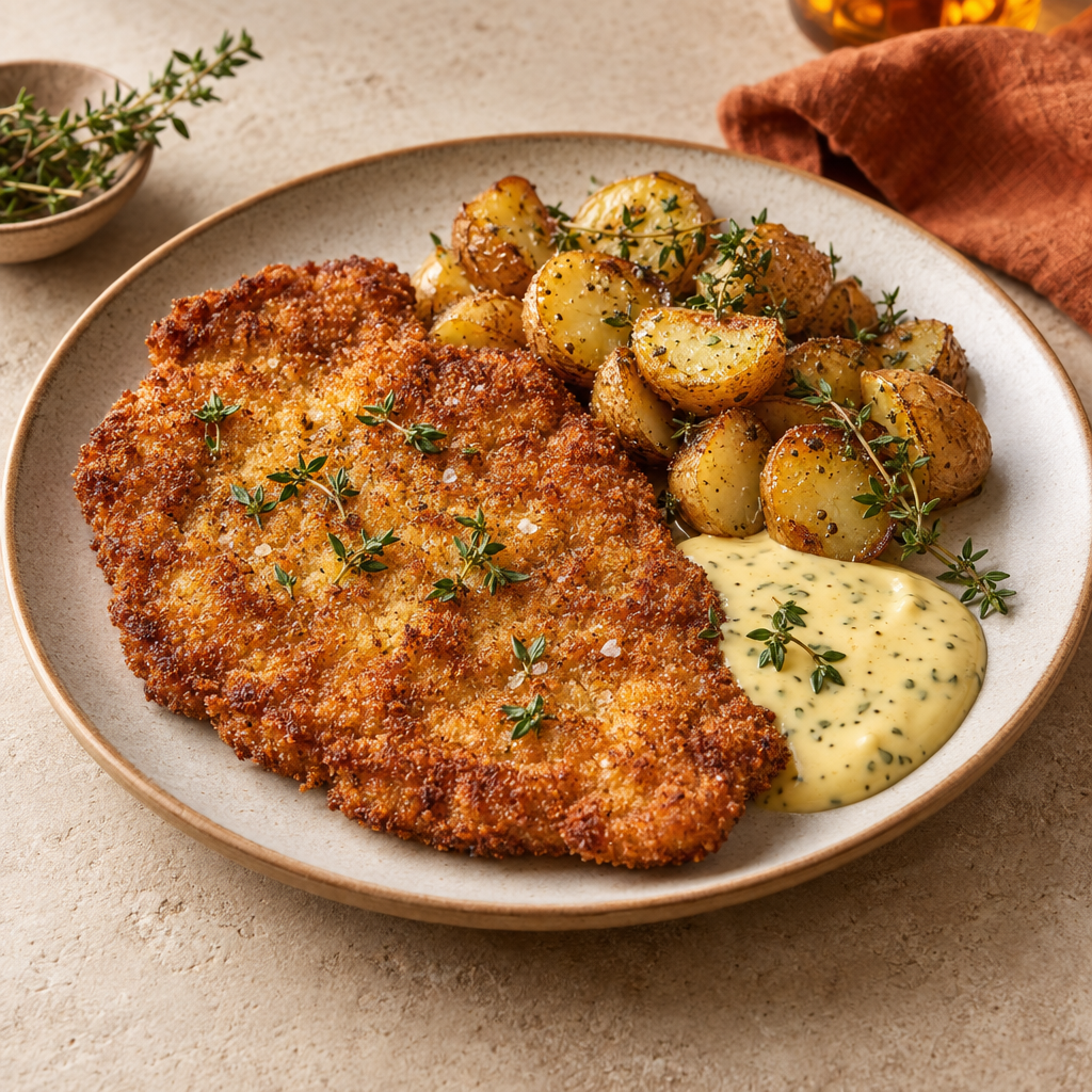 Fläskschnitzel med bearnaisesås och timjanpotatis (M)(FI)