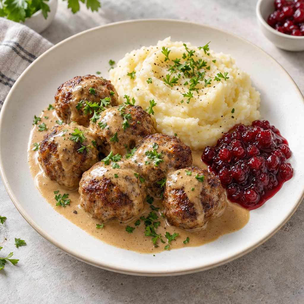 Hemgjorda köttbullar med gräddsås, lingonsylt och mos (G,L)(FI)