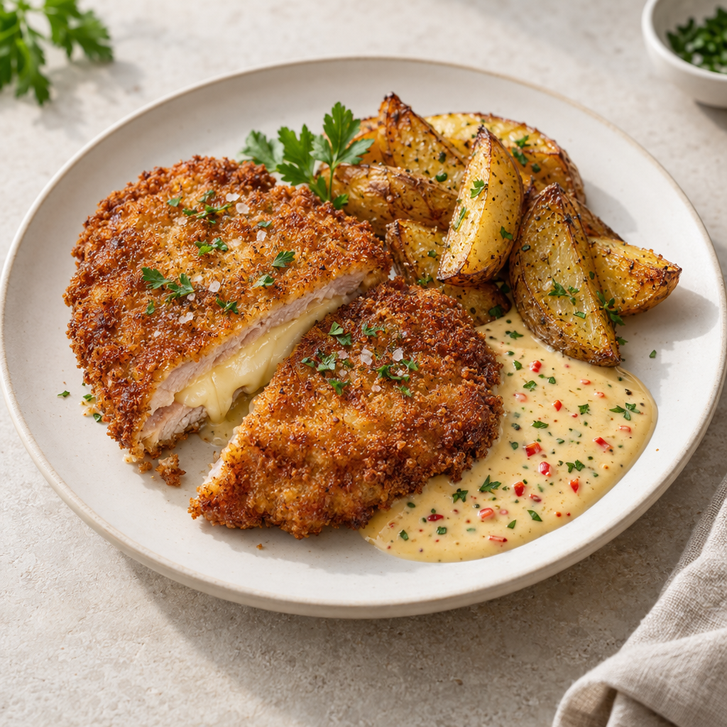 Schweizerschnitzel med klyftpotatis och chilibearnaise (L)(FI)