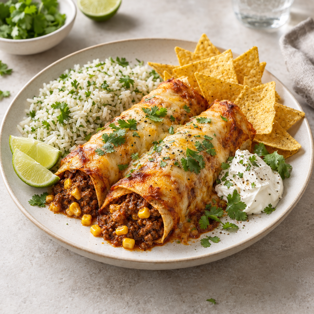 Tacofärs- och majsfyllda enchiladas med örtris, nachos och färskost (L)(FI)