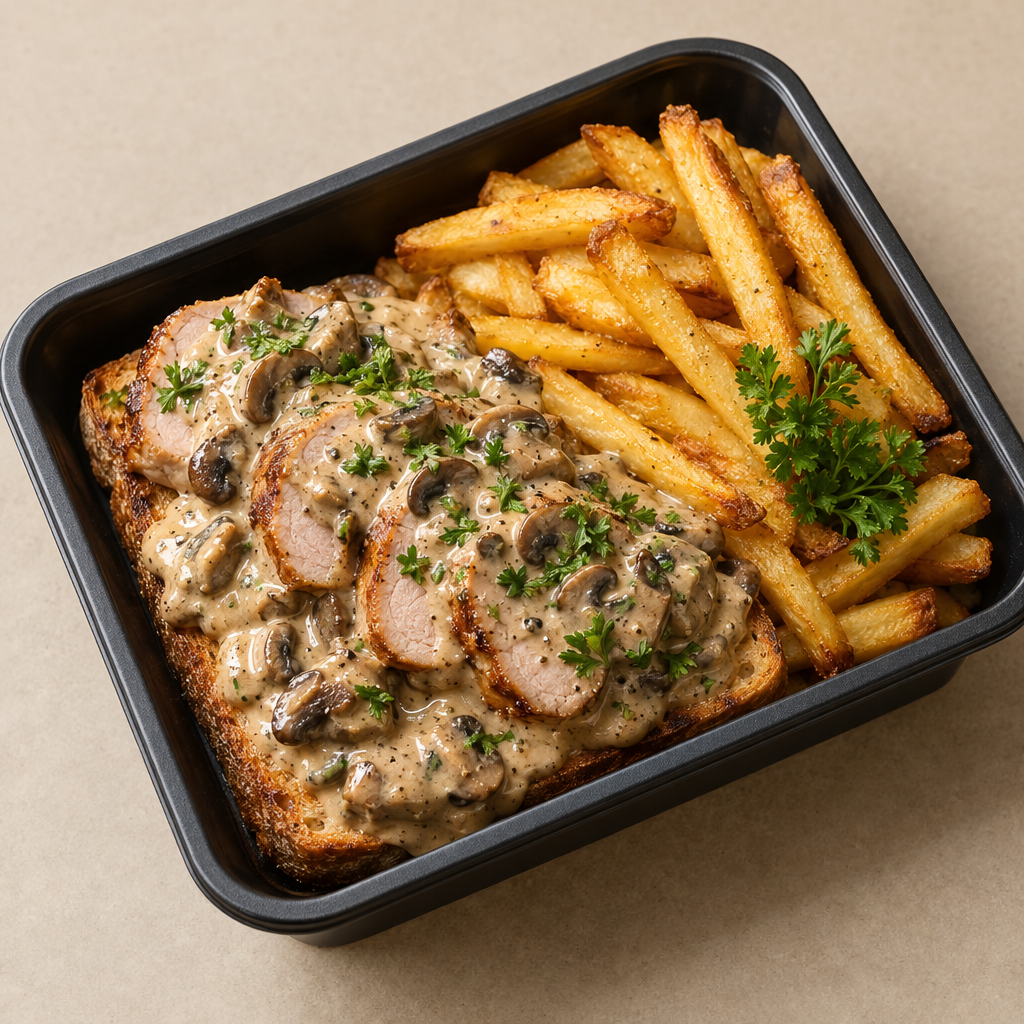 Jägarmacka med fläskfilé, champinjonsås och pommes (G,L)(FI)
