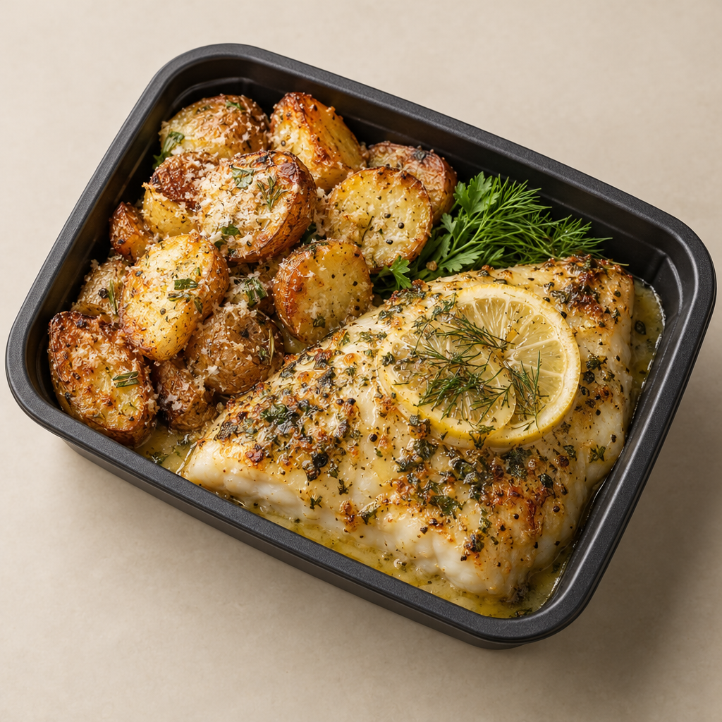 Örtbakad sejfilé med citronsmörsås och parmesanrostad potatis (G,L)