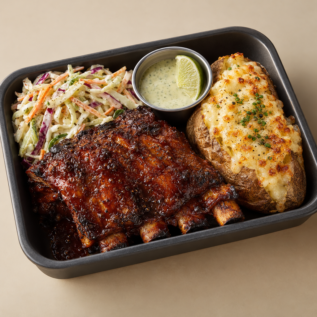 BBQ-ribs med coleslaw, limedipp och gratinerad bakpotatis (G,M)(FI)