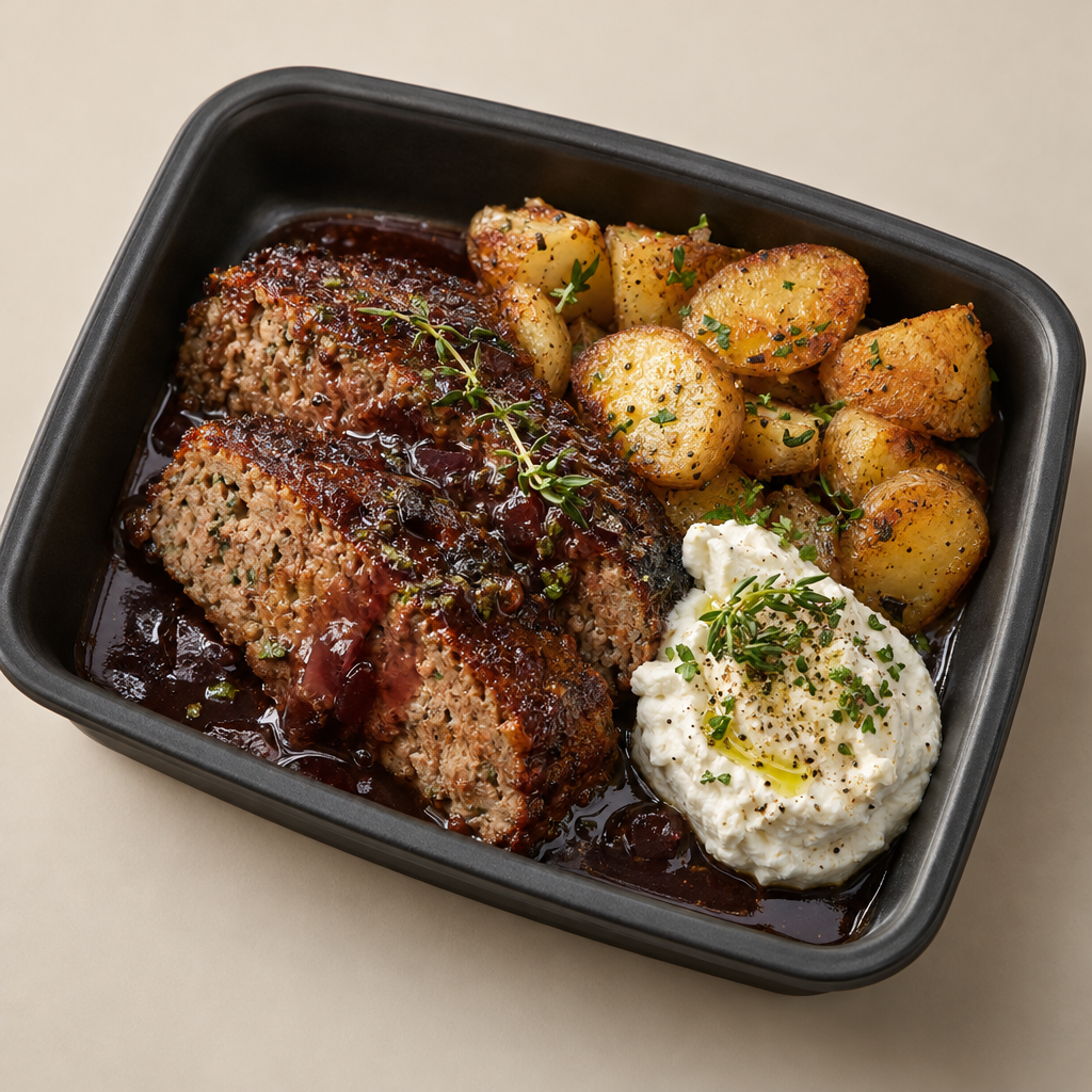 Köttfärslimpa med rödvinssky, fetaostkräm och stekt potatis (G,L)(FI)