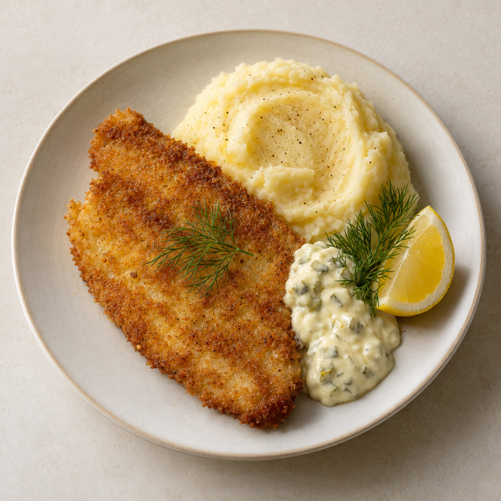 Panerad spätta med mos och remouladsås (L)
