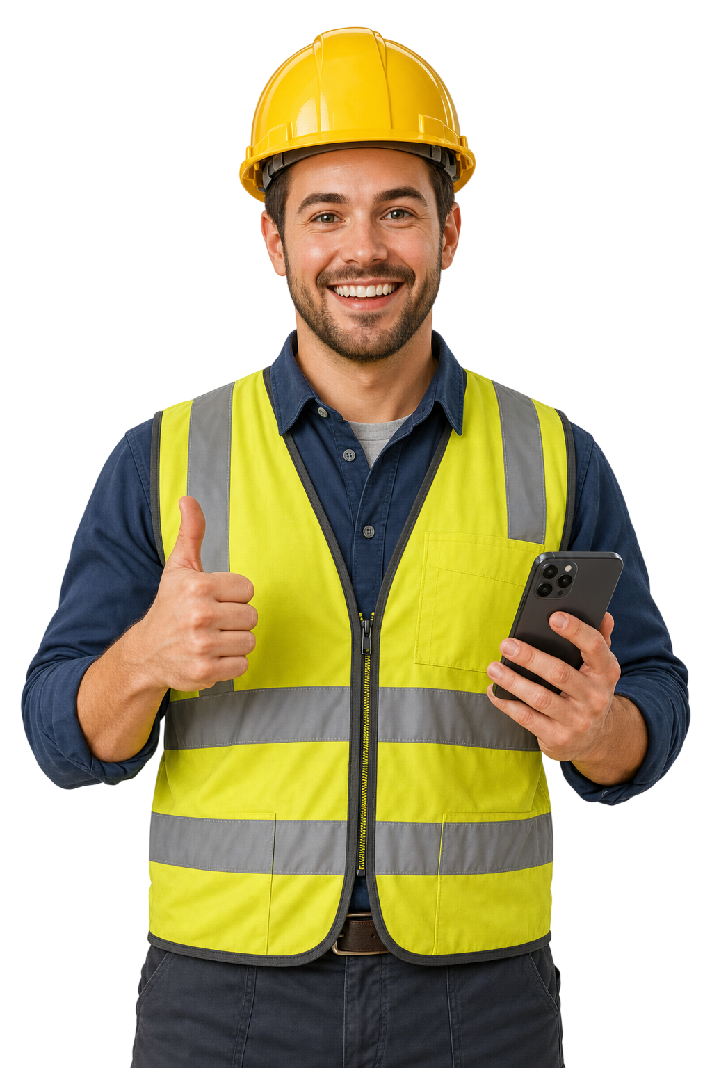 Construction worker holding a smartphone and giving a thumbs-up