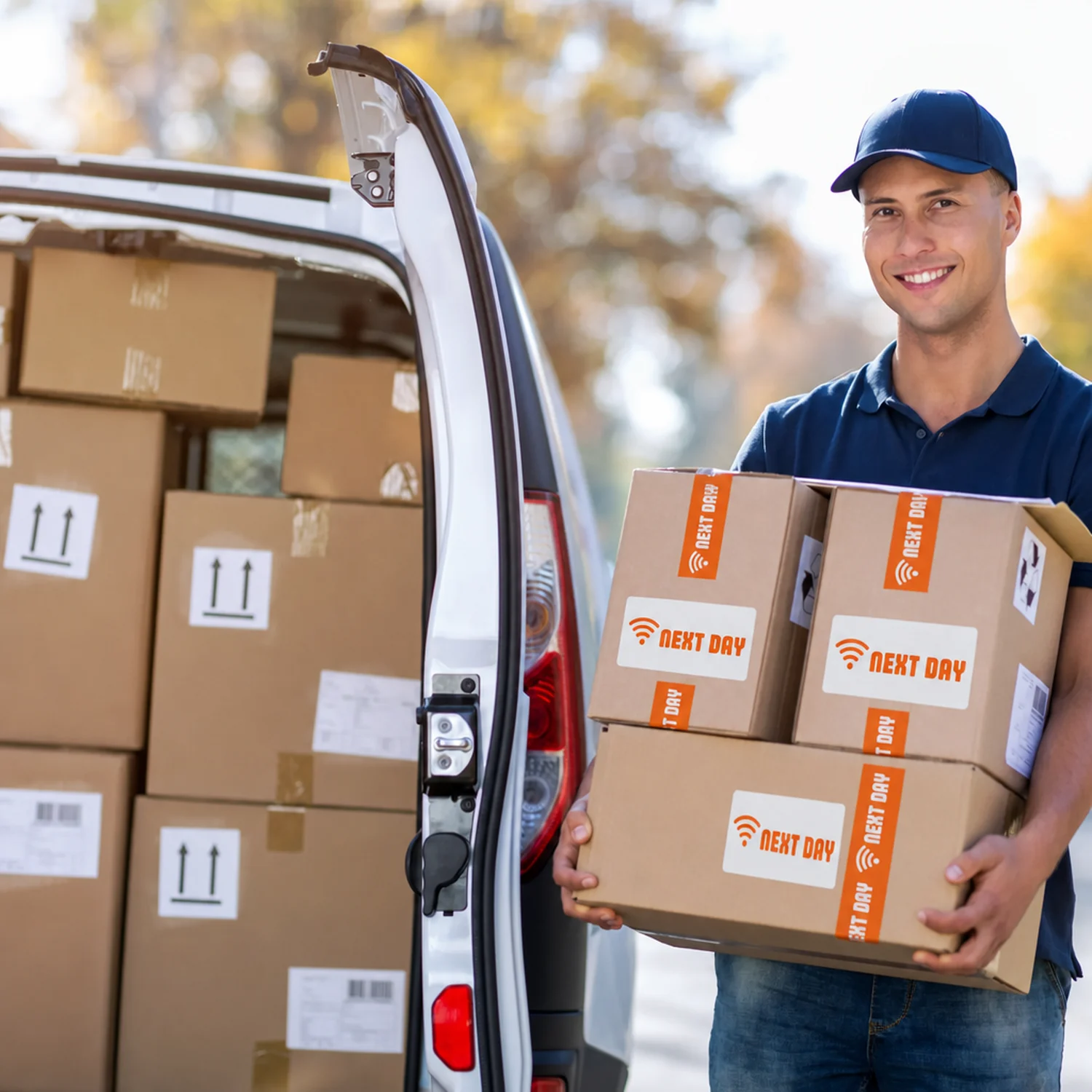 Next Day delivery driver carrying branded broadband boxes
