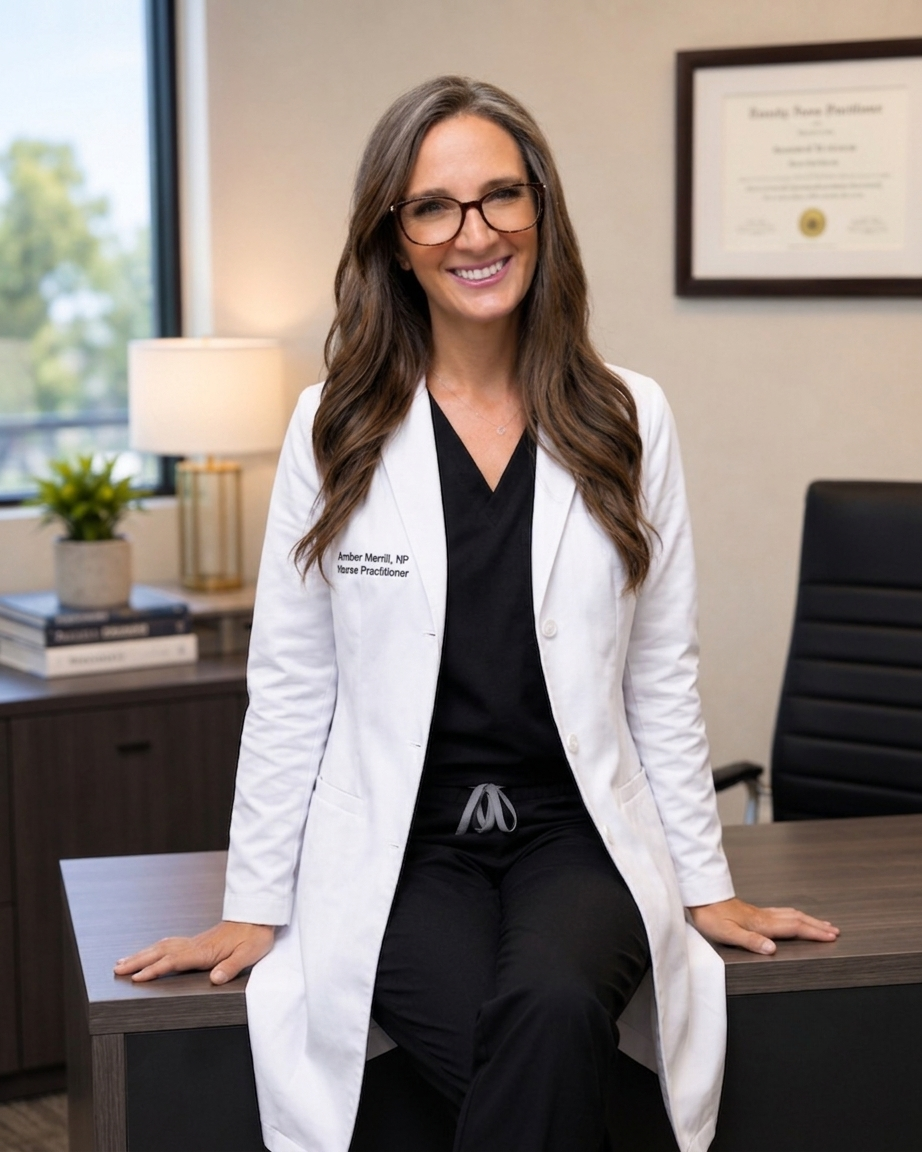 Amber Merrill, board-certified nurse practitioner, seated in a clinical office