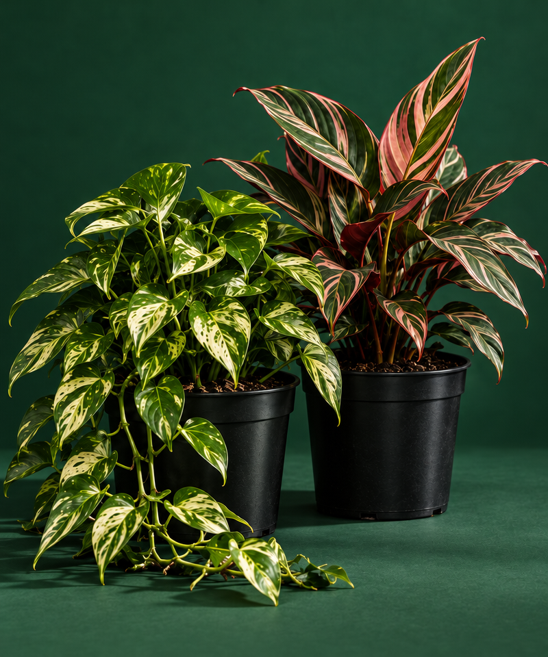 A trailing golden pothos and a pink-green aglaonema in black nursery pots