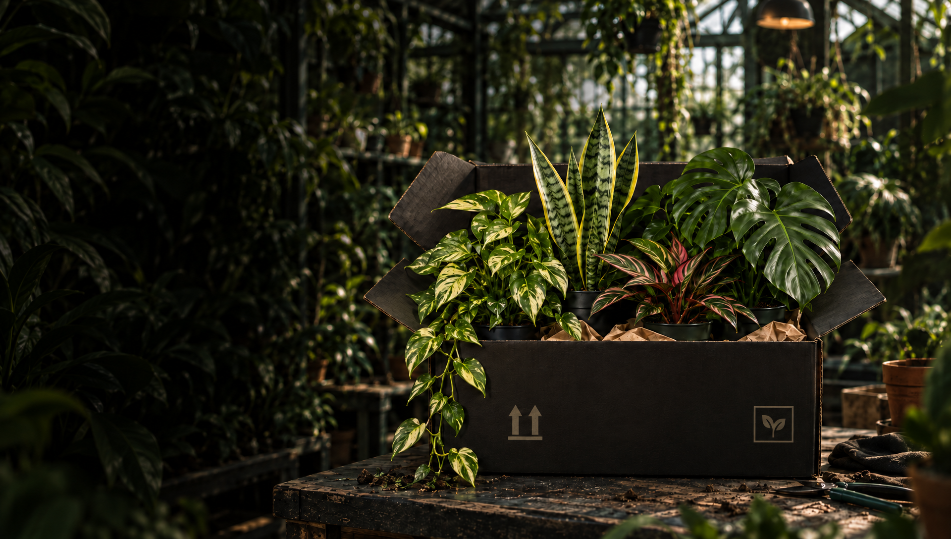 An open box of lush live plants on a bench in a moody greenhouse